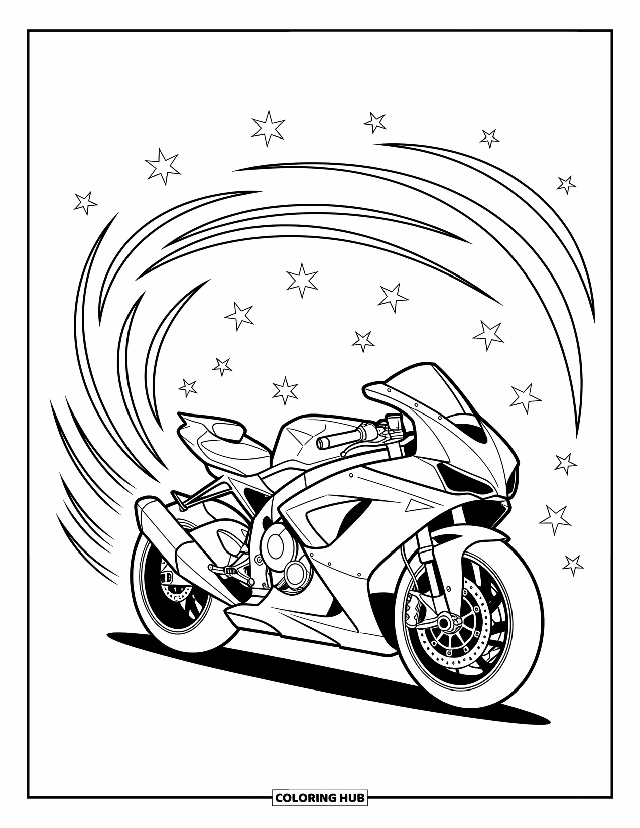 Desenho de Moto para Colorir para Crianças: Uma moto ousada está entre swooshes dinâmicos e estrelas com uma sensação moderna e enérgica