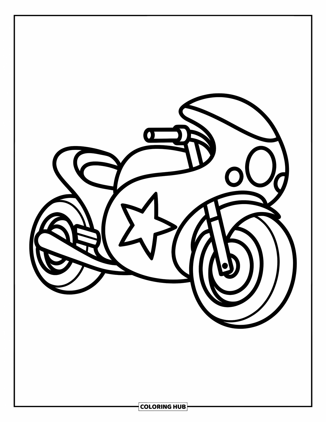Desenho de Moto para Colorir para Crianças: Uma moto de desenho animado com um grande design de estrela tem curvas suaves e linhas divertidas