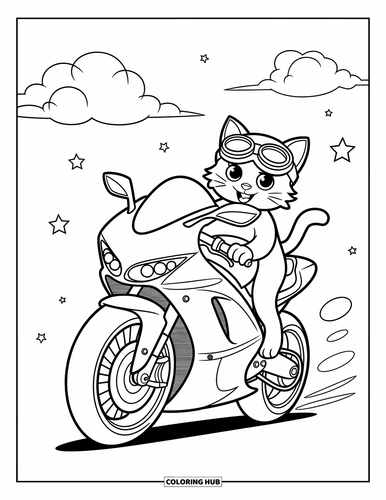 Desenho de Moto para Colorir para Crianças: Um gato usando óculos de proteção anda em uma moto rápida com estrelas e nuvens ao fundo