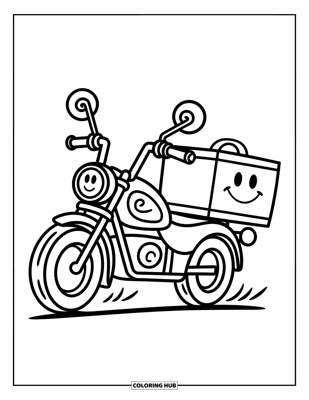 Desenho de Moto para Colorir para Crianças: Uma moto de entrega alegre ziguezagueia com uma caixa sorridente na parte de trás