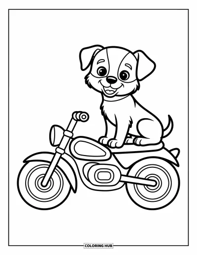 Desenho de moto para colorir para crianças: Uma alegre motocicleta com um cachorrinho sentado em cima