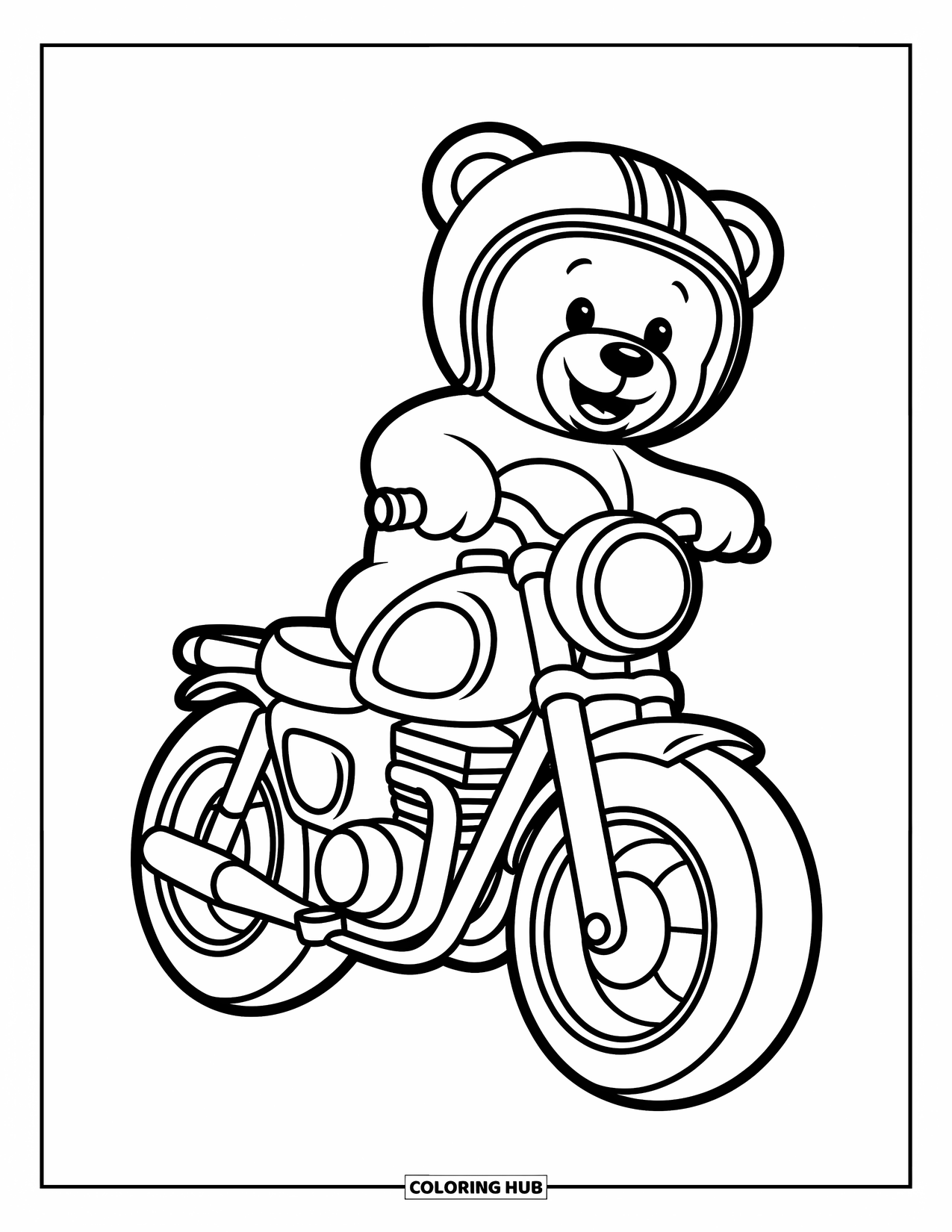 Desenho de moto para colorir para crianças: Uma moto alegre com um ursinho de pelúcia convida a uma imaginação brilhante e divertida