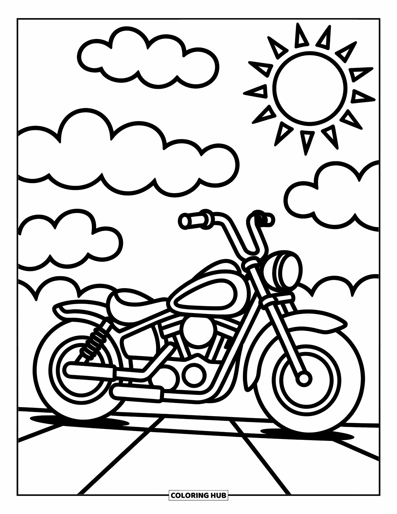 Desenho de moto para colorir para crianças: Uma moto alegre com rodas grandes e um assento confortável