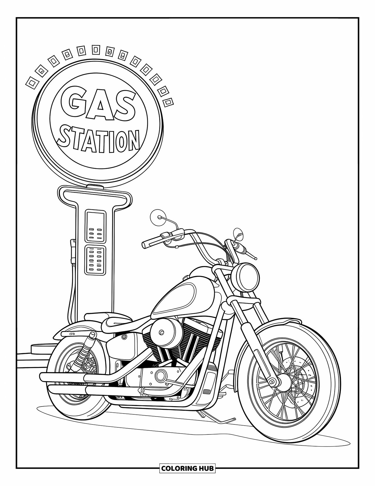 Desenho de Moto para Colorir para Crianças: Uma moto chopper está estacionada perto de uma placa de posto de gasolina com letras divertidas
