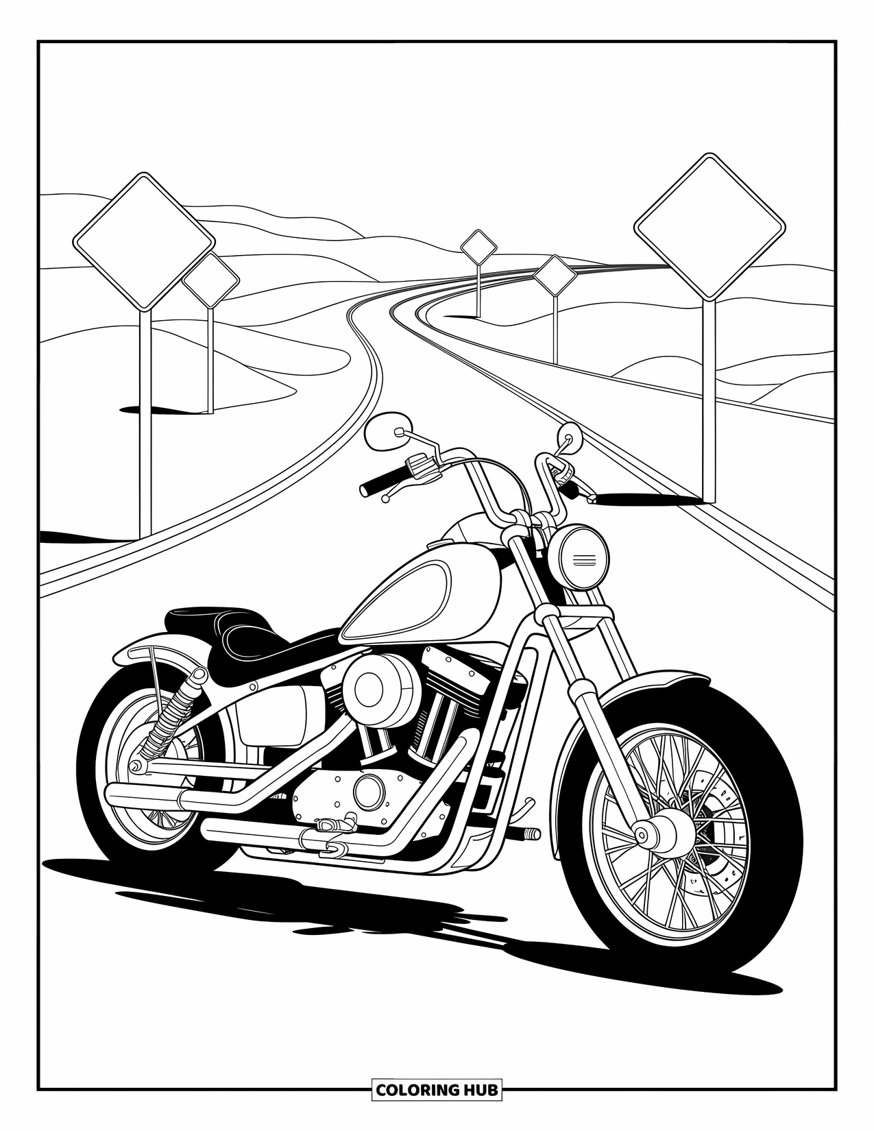 Desenho de Moto para Colorir para Crianças: Uma moto chopper repousa ao lado de uma rodovia desértica sinuosa com placas de trânsito próximas