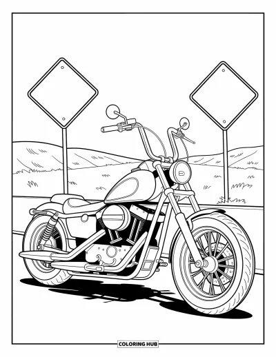 Desenho de moto para colorir para crianças: Uma motocicleta chopper está ao lado de uma rodovia no deserto com placas de trânsito ao longe