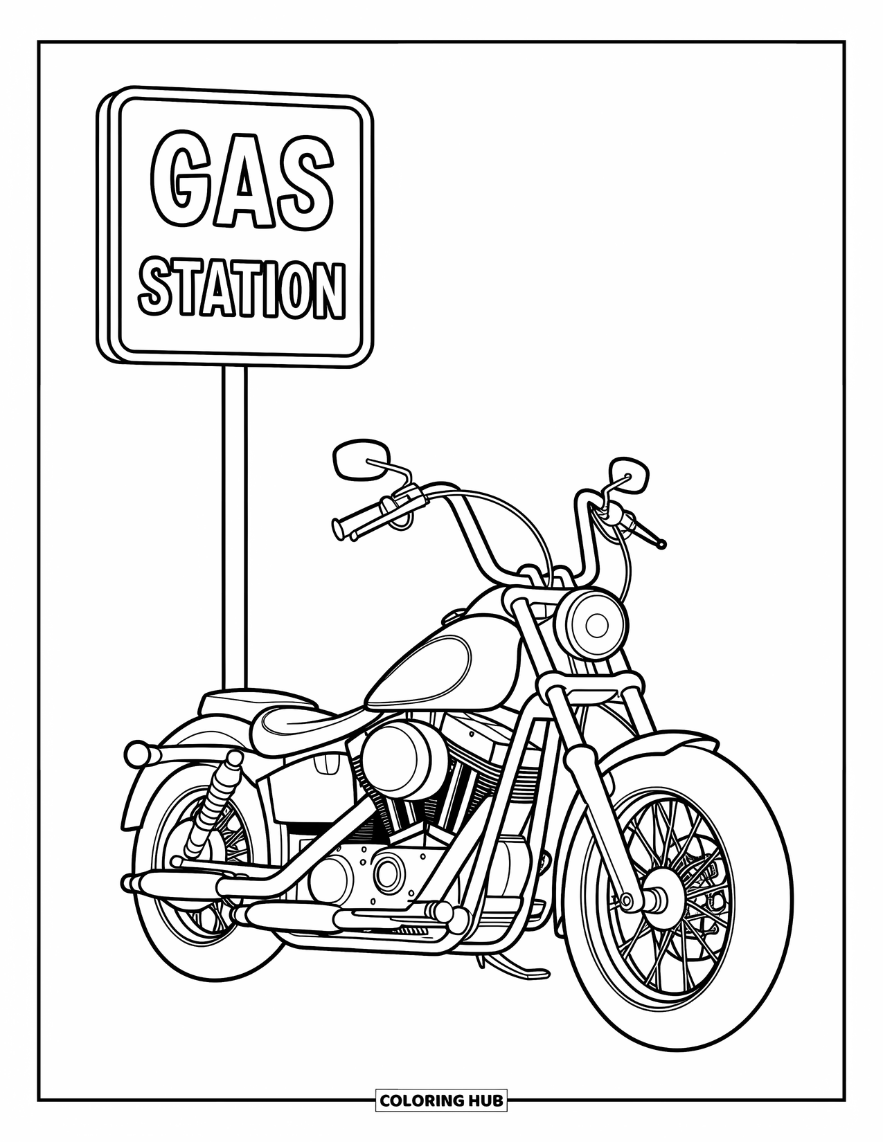 Desenho de Moto para Colorir para Crianças: Uma moto chopper está perto de uma placa de posto de gasolina com detalhes divertidos e envolventes