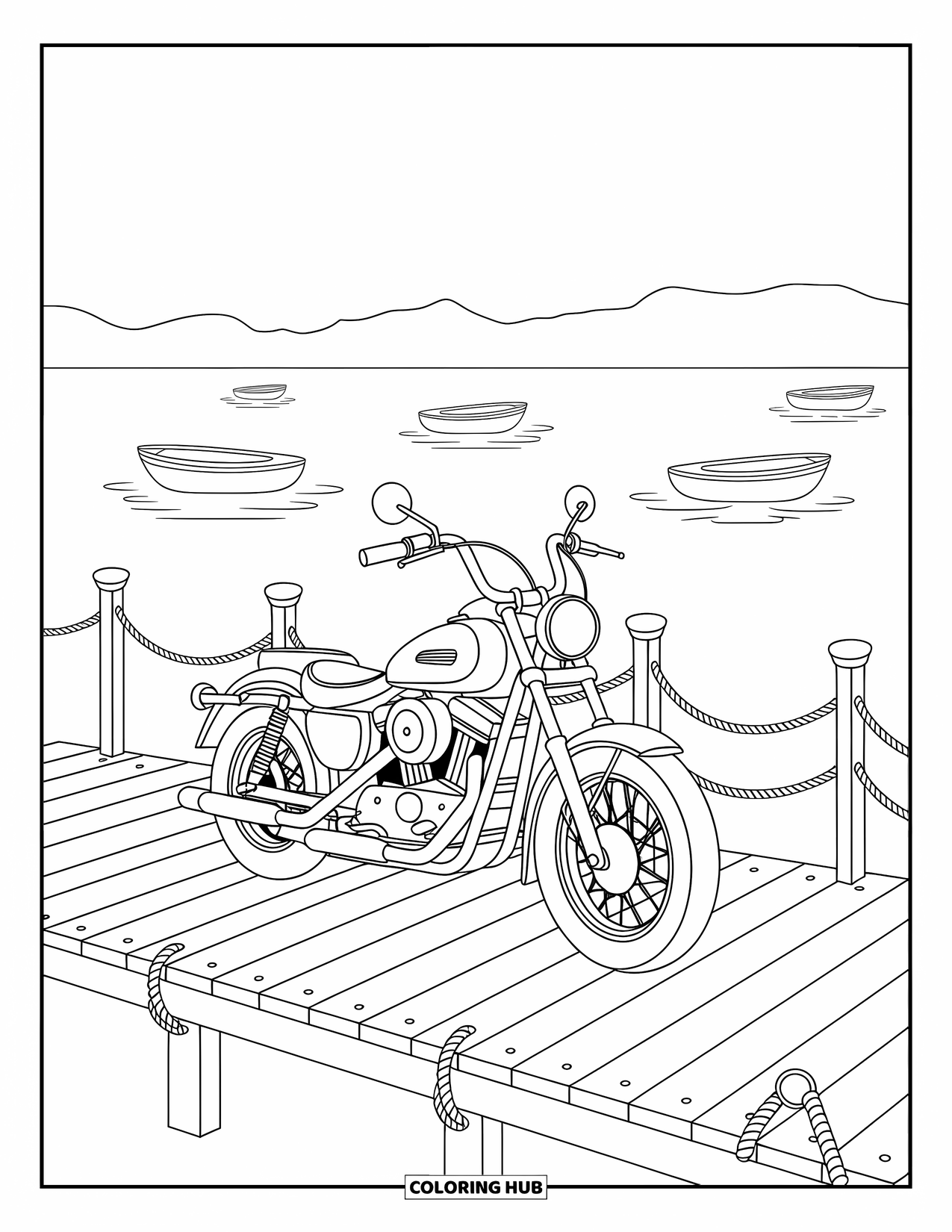 Desenho de Moto para Colorir para Crianças: Uma moto cruiser está estacionada em um píer, com veleiros flutuando ao fundo