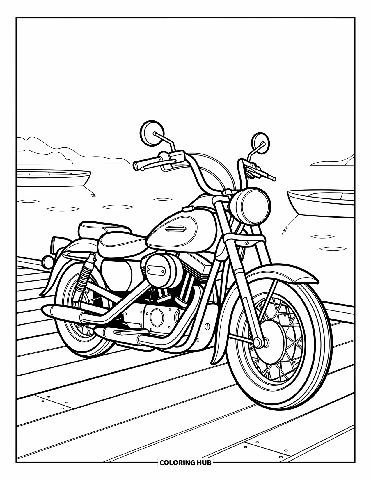Desenho de Moto para Colorir para Crianças: Uma moto cruiser repousa em um píer de madeira com barcos balançando suavemente por perto
