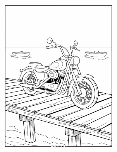 Desenho de moto para colorir para crianças: Uma motocicleta cruiser está em um píer de madeira, com águas calmas e barcos ao fundo