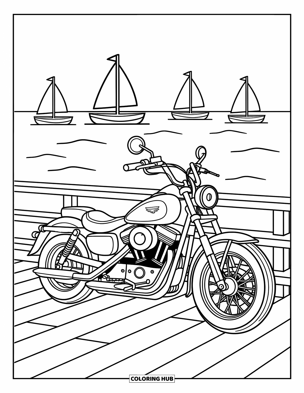 Desenho de Moto para Colorir para Crianças: Uma moto cruiser está em um píer com ondas suaves e barcos à distância