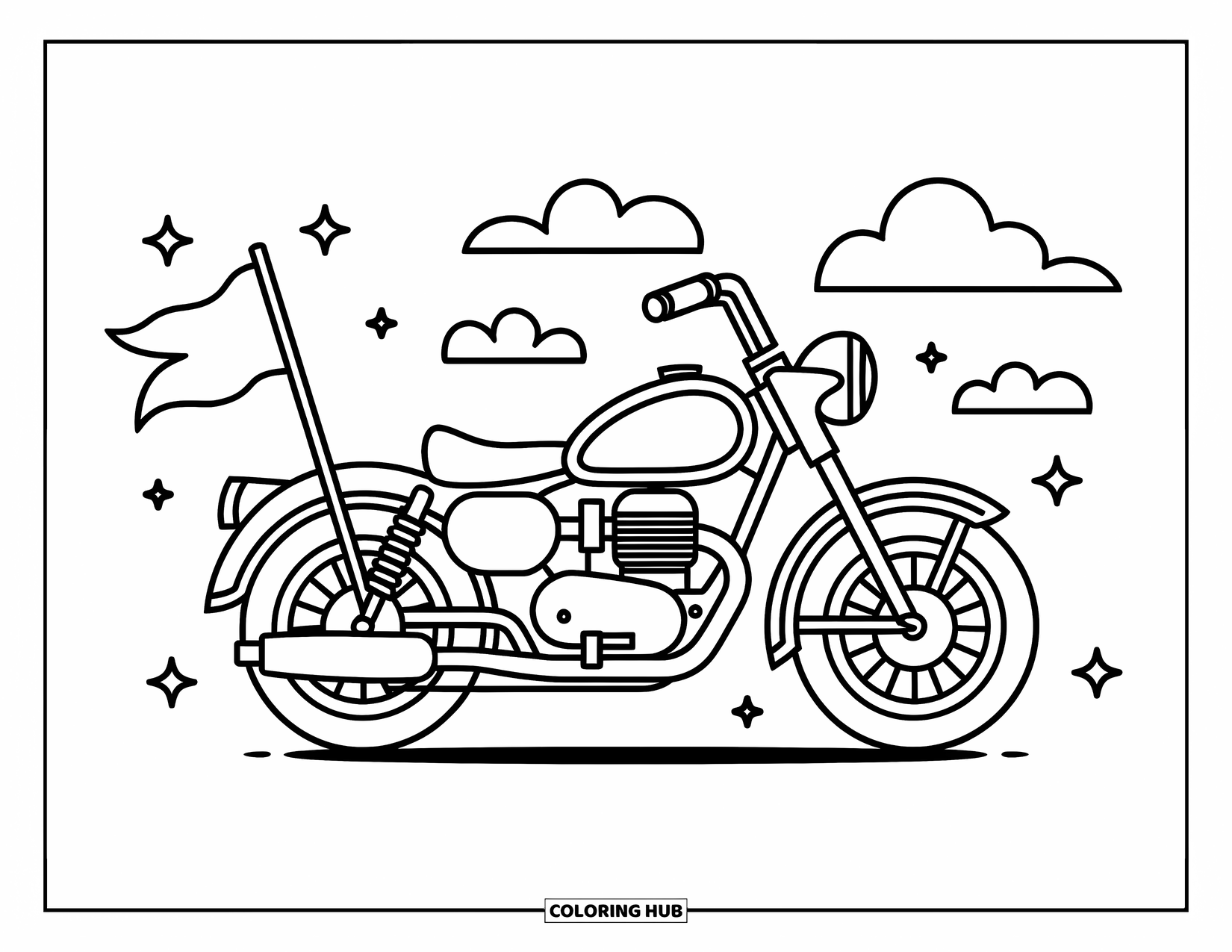 Desenho de Moto para Colorir para Crianças: Uma moto cruiser com uma bandeira está cercada por nuvens alegres e formas divertidas