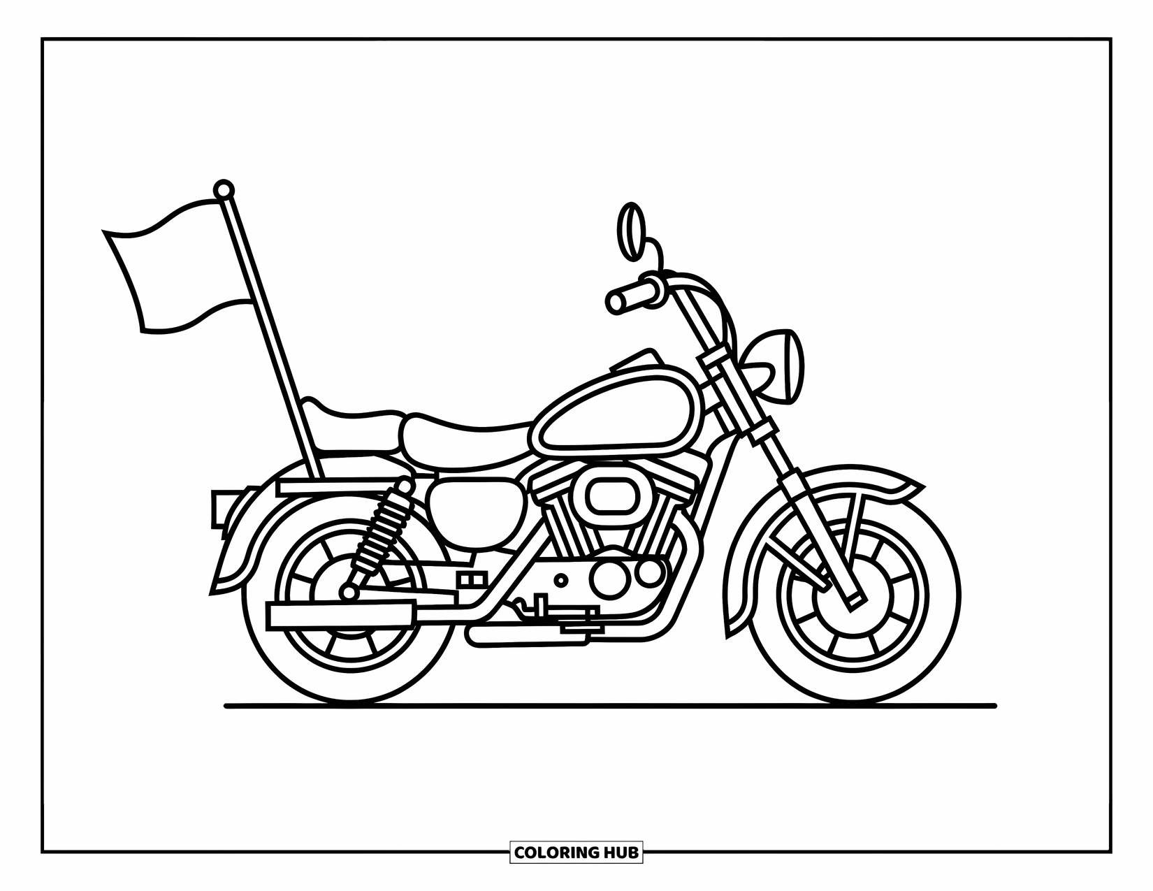 Desenho de Moto para Colorir para Crianças: Uma moto cruiser com uma bandeira acenando está sob nuvens e estrelas caprichosas