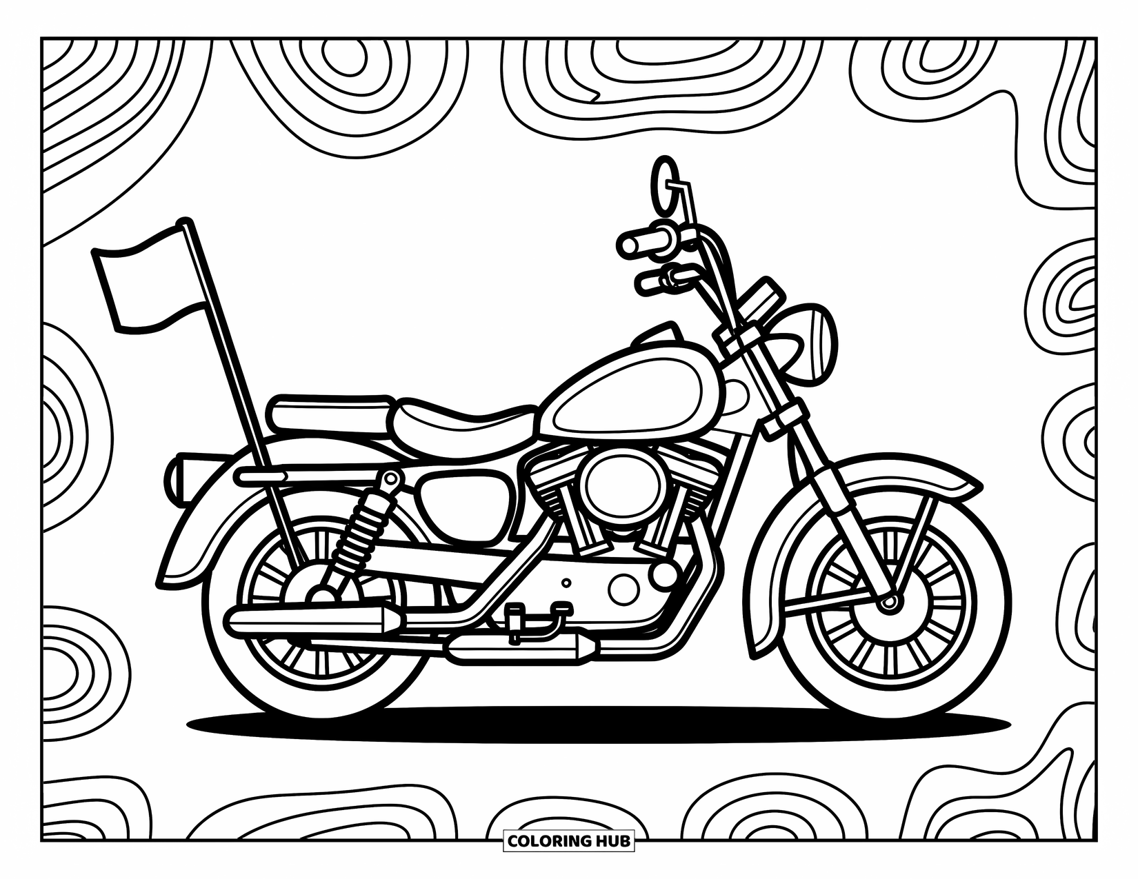 Desenho de Moto para Colorir para Crianças: Uma moto cruiser com uma bandeira acenando está contra padrões divertidos e curvas suaves