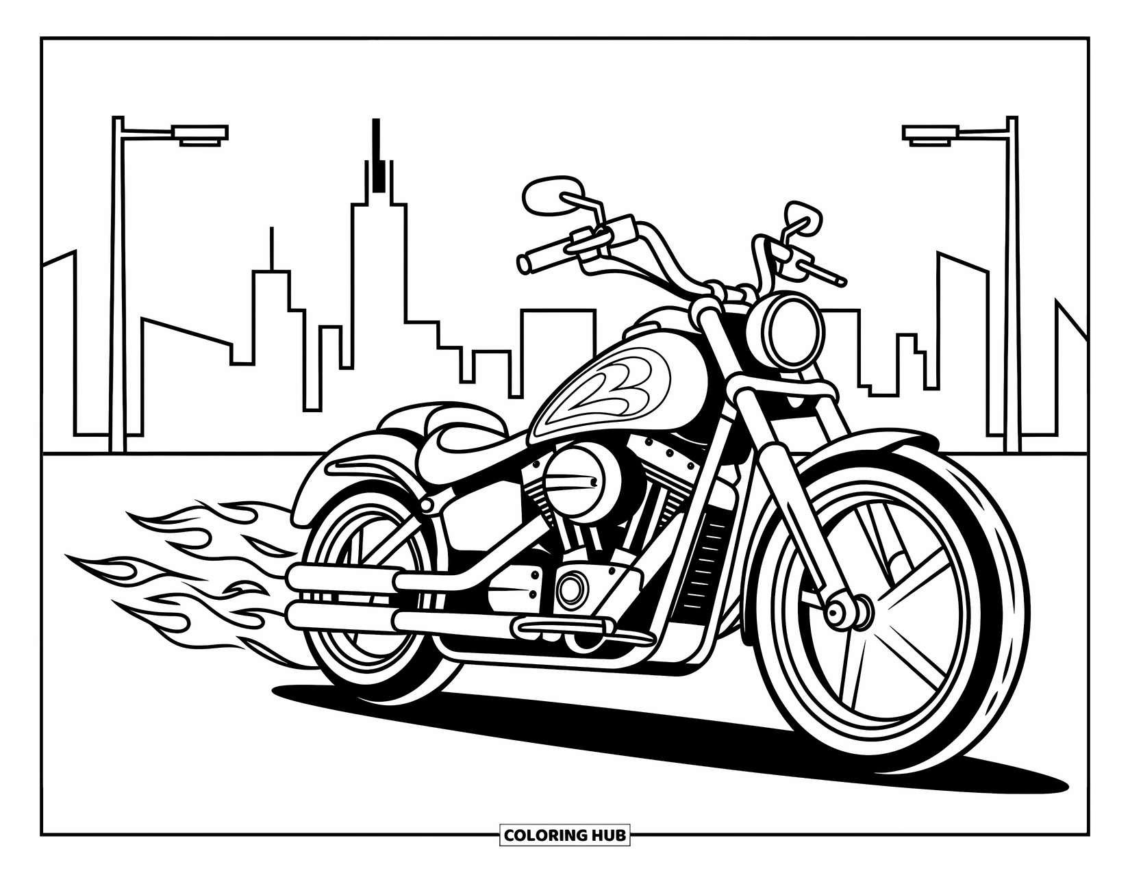 Desenho de Moto para Colorir para Crianças: Uma moto low-rider curvilínea passa por arranha-céus e postes de luz com rastros de chamas fluindo