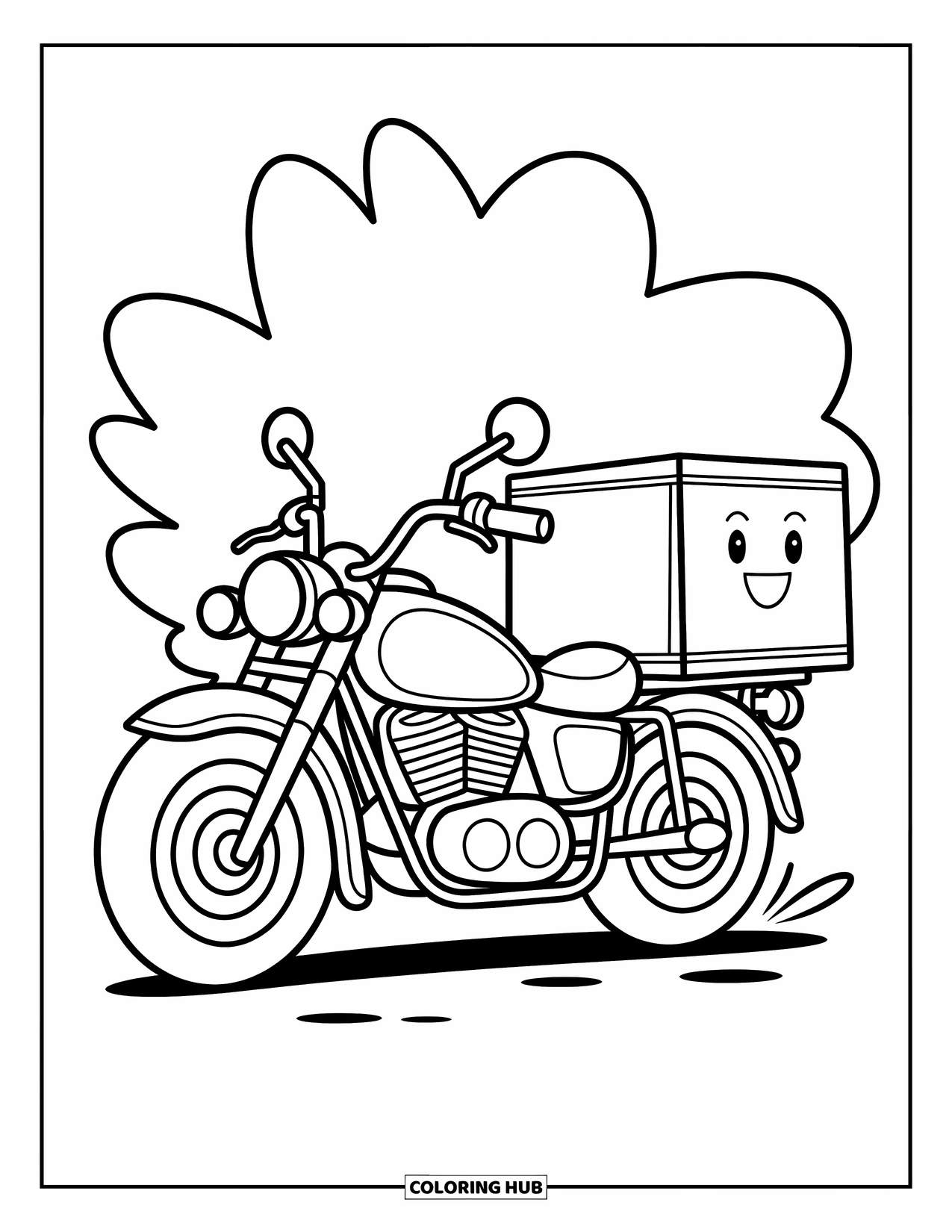Desenho de Moto para Colorir para Crianças: Uma moto de entrega inclina-se para frente com um rosto sorridente em sua caixa de entrega