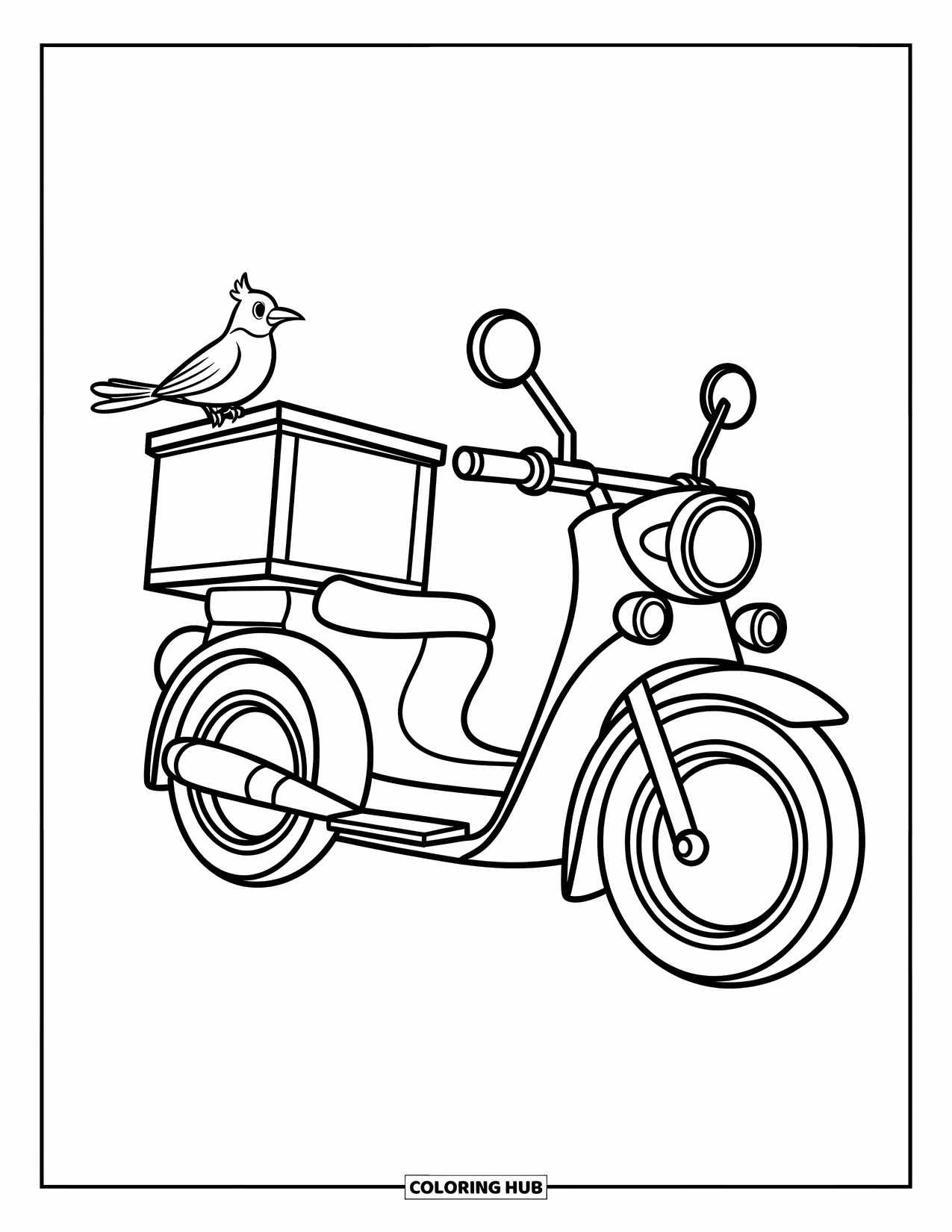 Desenho de Moto para Colorir para Crianças: Uma moto de entrega com um pássaro no guidão adiciona um toque caprichoso