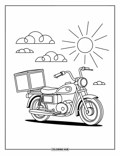 Desenho de moto para colorir para crianças: Uma motocicleta de entregas com caixa fica sob nuvens alegres e raios de sol