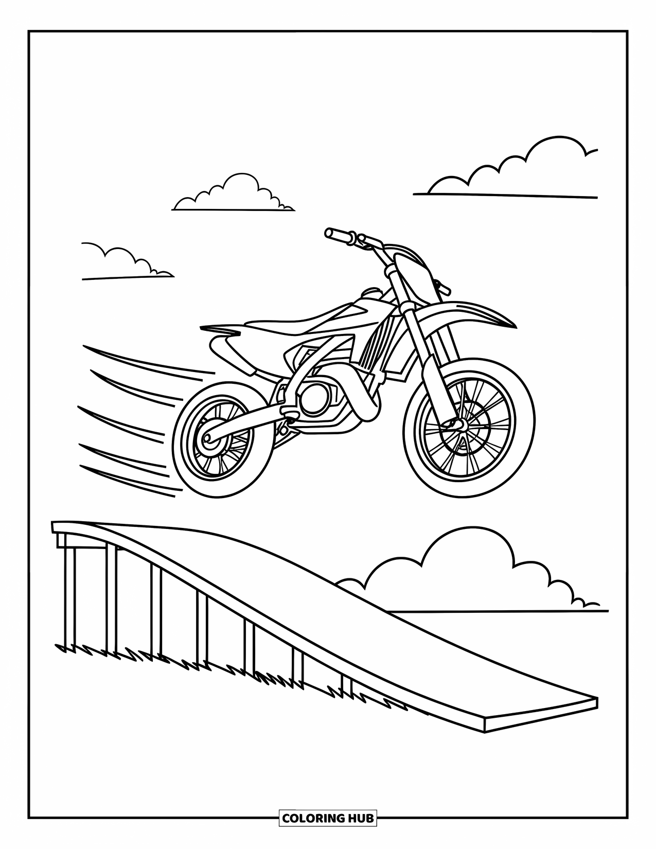 Desenho de Moto para Colorir para Crianças: Uma moto de cross voa no meio do salto com nuvens e linhas de velocidade dramáticas seguindo atrás