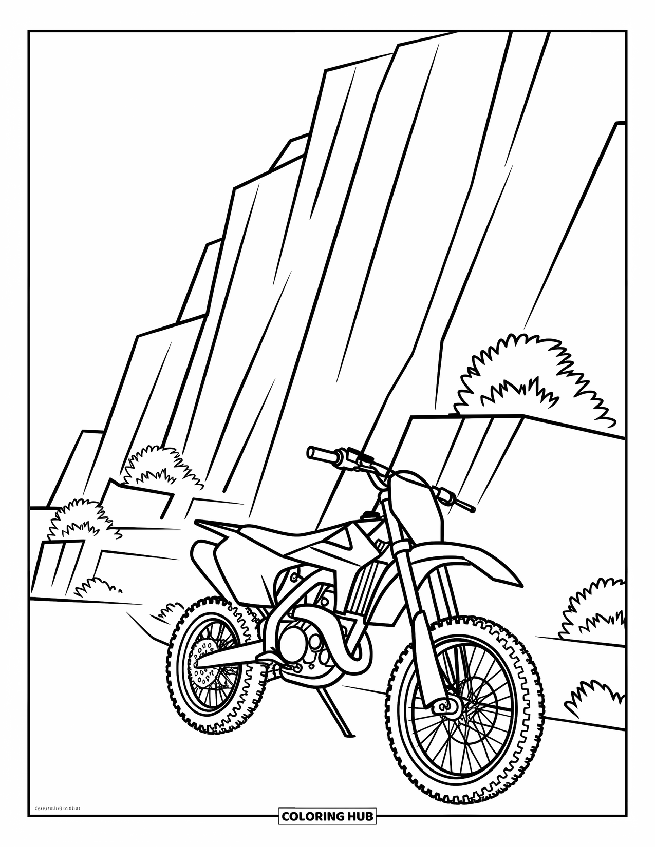 Desenho de Moto para Colorir para Crianças: Uma moto de cross está estacionada ao lado de penhascos rochosos com pequenos arbustos espalhados ao redor