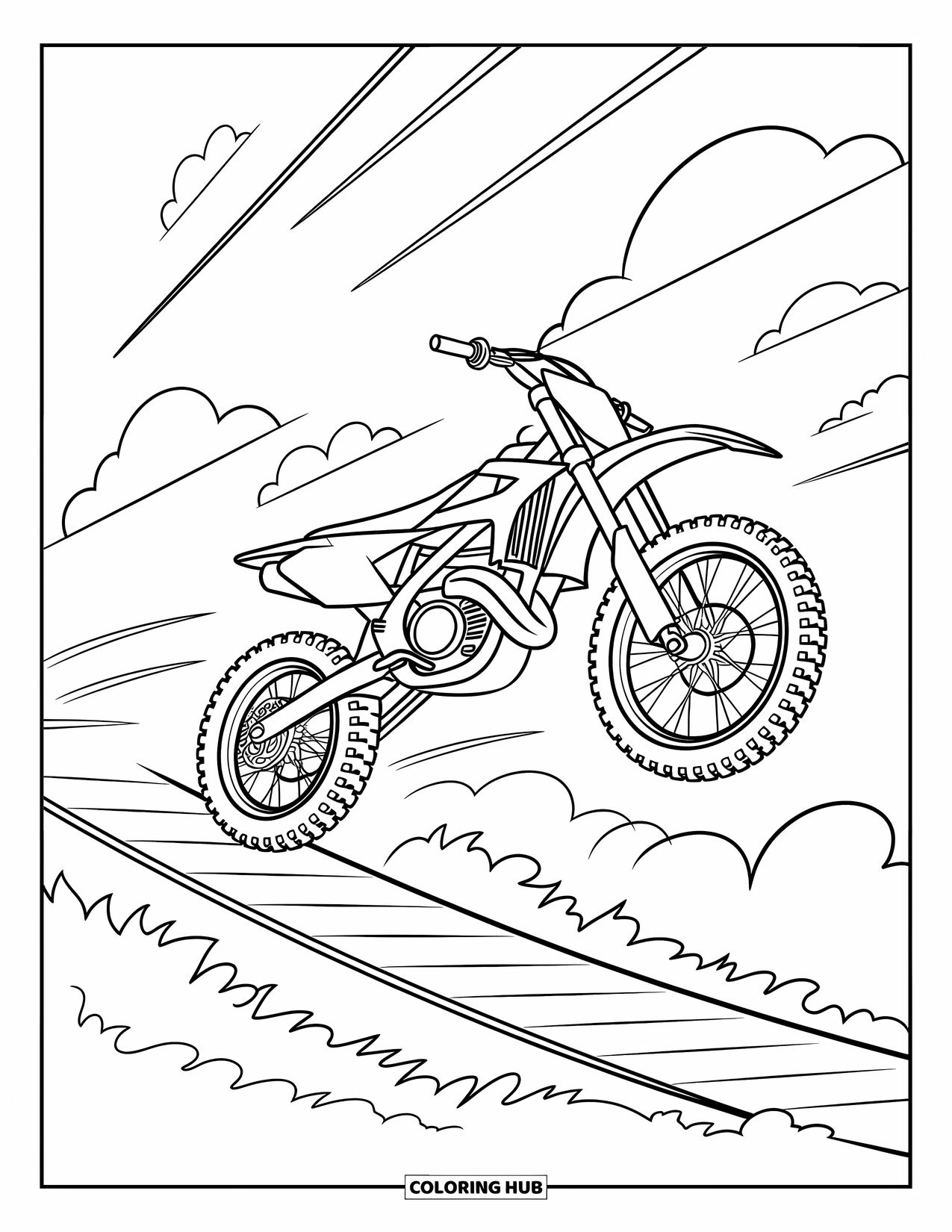 Desenho de Moto para Colorir para Crianças: Uma moto de cross salta alto sobre uma rampa com nuvens e linhas de movimento girando ao redor