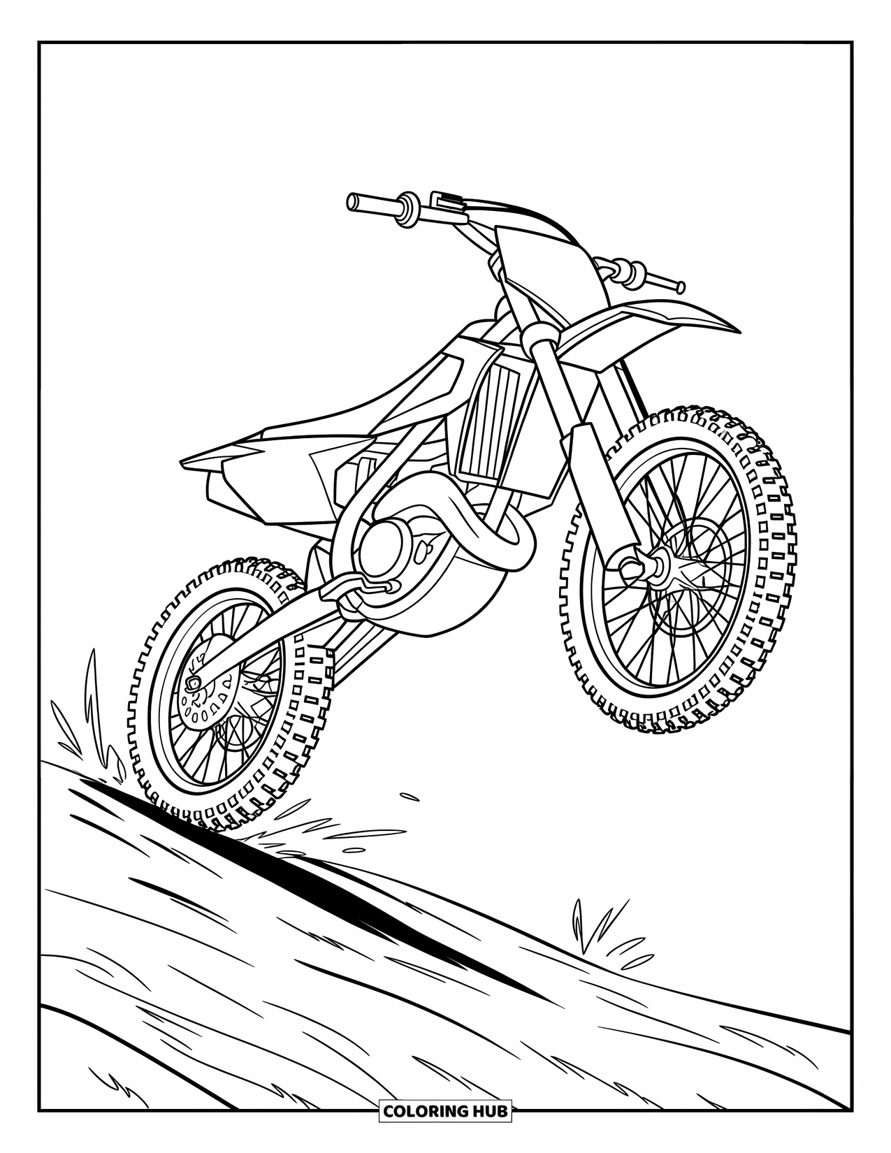 Desenho de Moto para Colorir para Crianças: Uma moto de cross salta sobre pedras com rodas girando e guidões inclinados