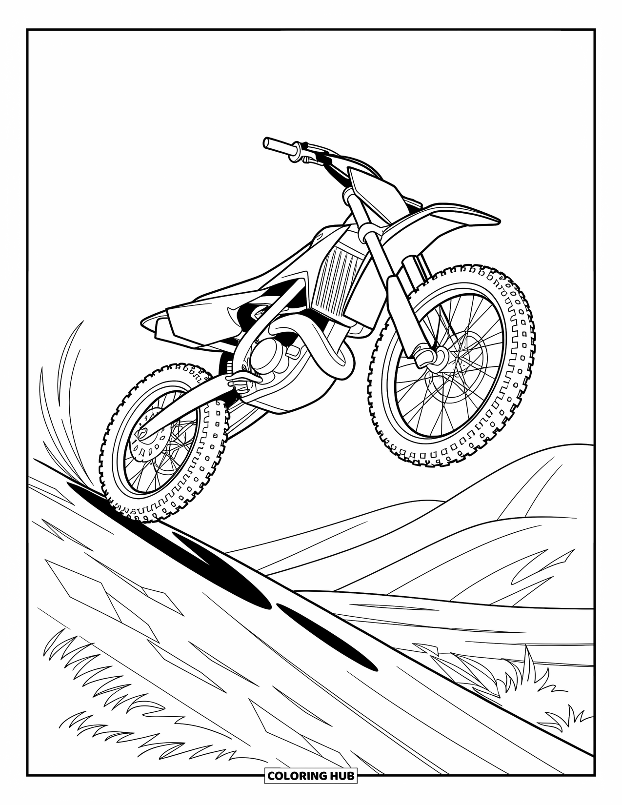 Desenho de Moto para Colorir para Crianças: Uma moto de cross salta para o ar sobre pedras e caminhos acidentados