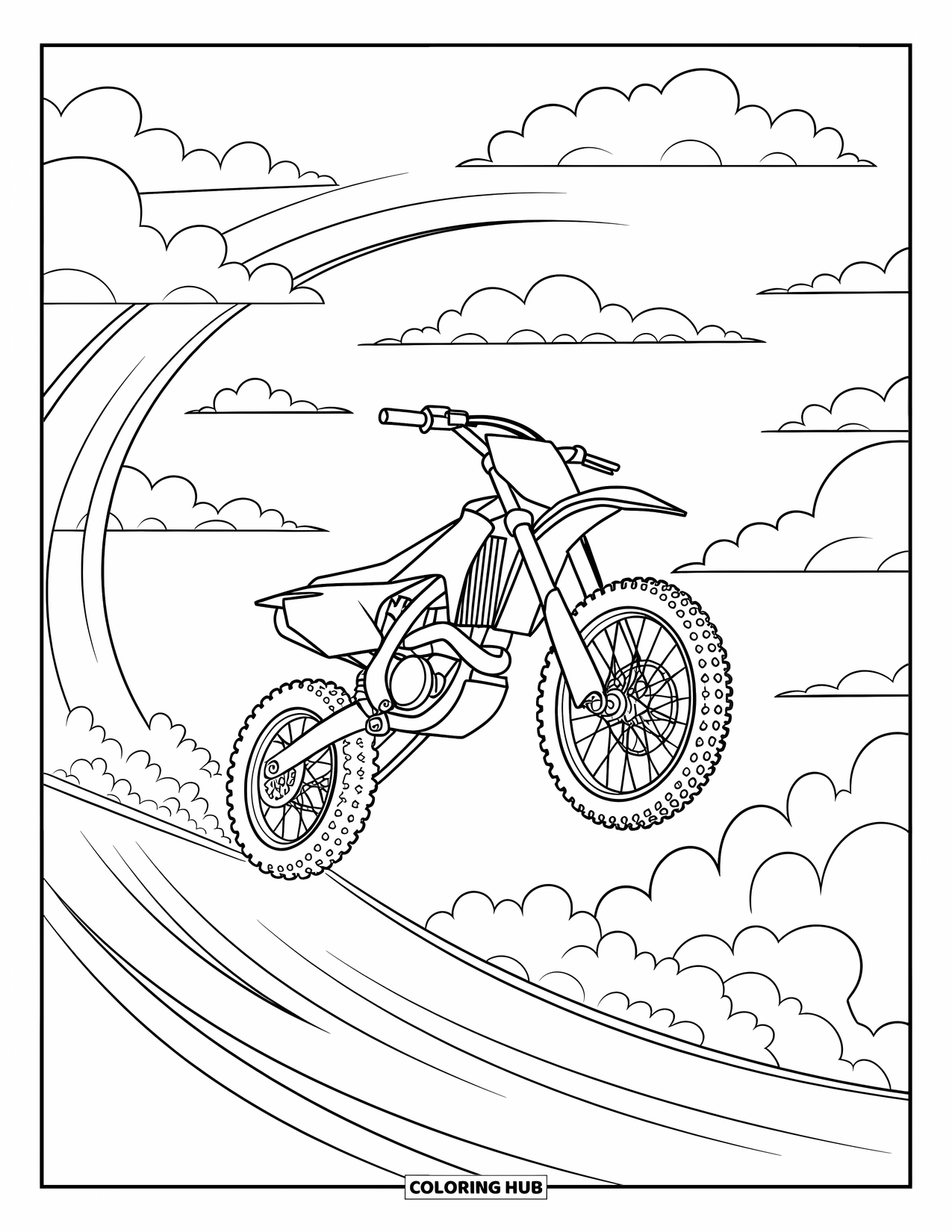 Desenho de Moto para Colorir para Crianças: Uma moto de cross salta de uma rampa com linhas de velocidade girando e nuvens fofas