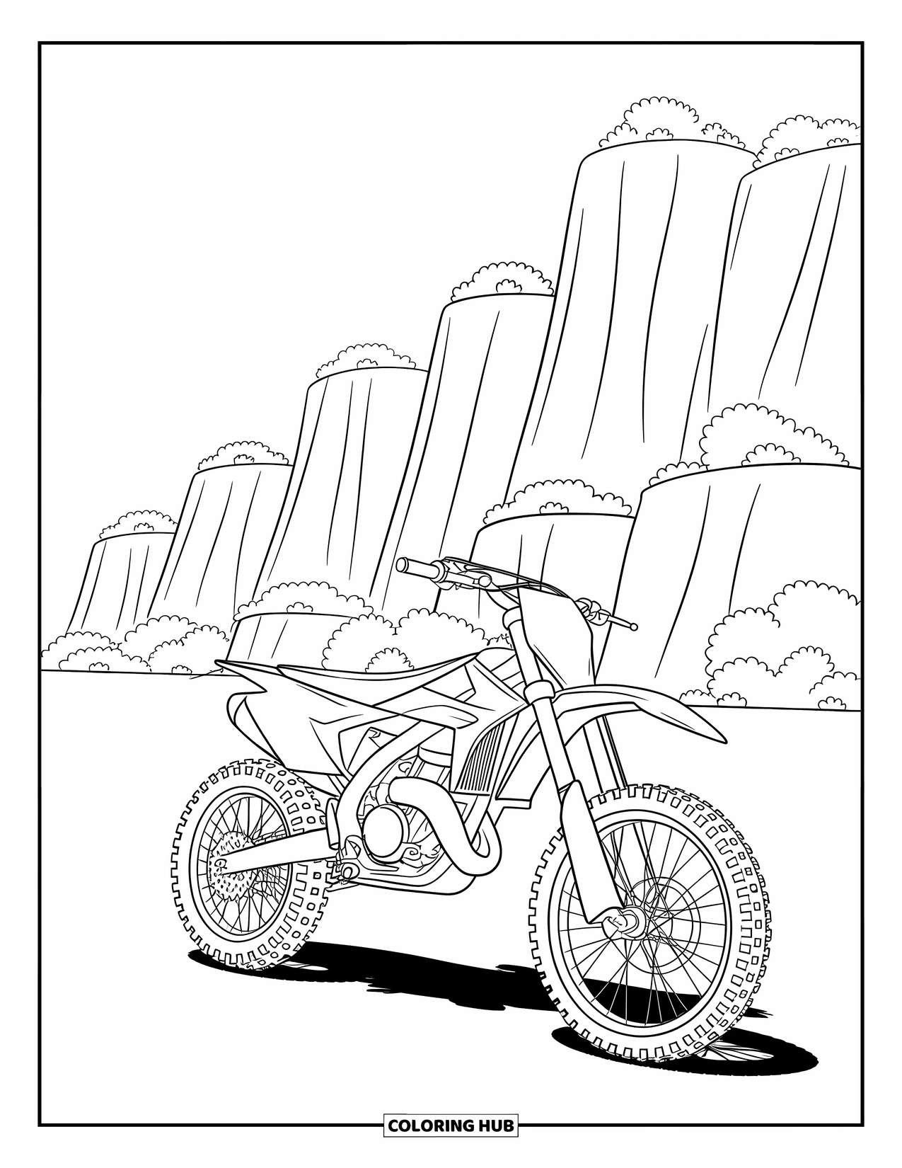 Desenho de Moto para Colorir para Crianças: Uma moto de cross repousa perto de penhascos imponentes e arbustos esparsos, capturando aventura e liberdade