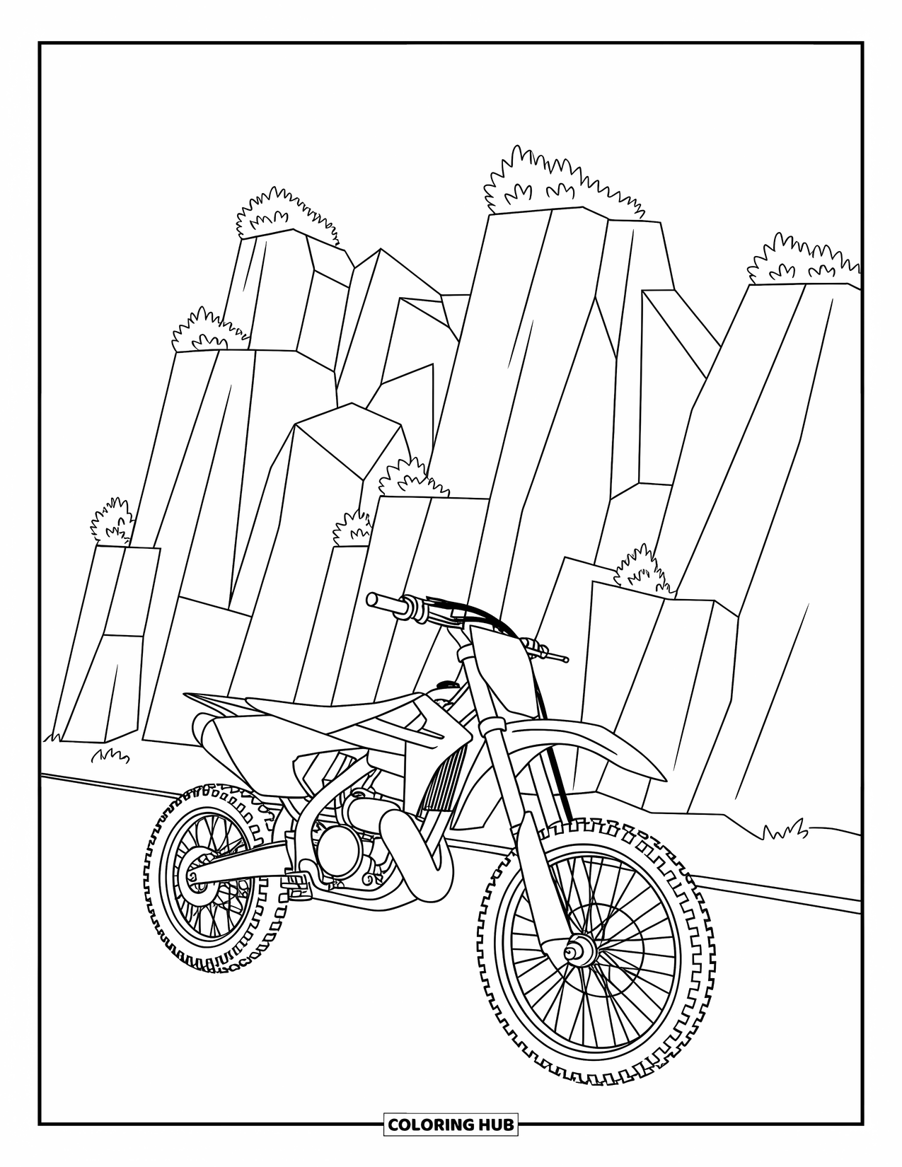 Desenho de Moto para Colorir para Crianças: Uma moto de cross está perto de penhascos rochosos com pequenos arbustos adicionando detalhes naturais