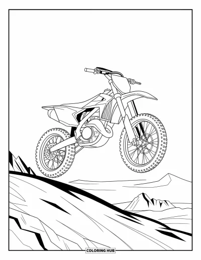 Desenho de moto para colorir para crianças: Uma moto de trilha voa no meio do ar acima de colinas rochosas e horizontes distantes