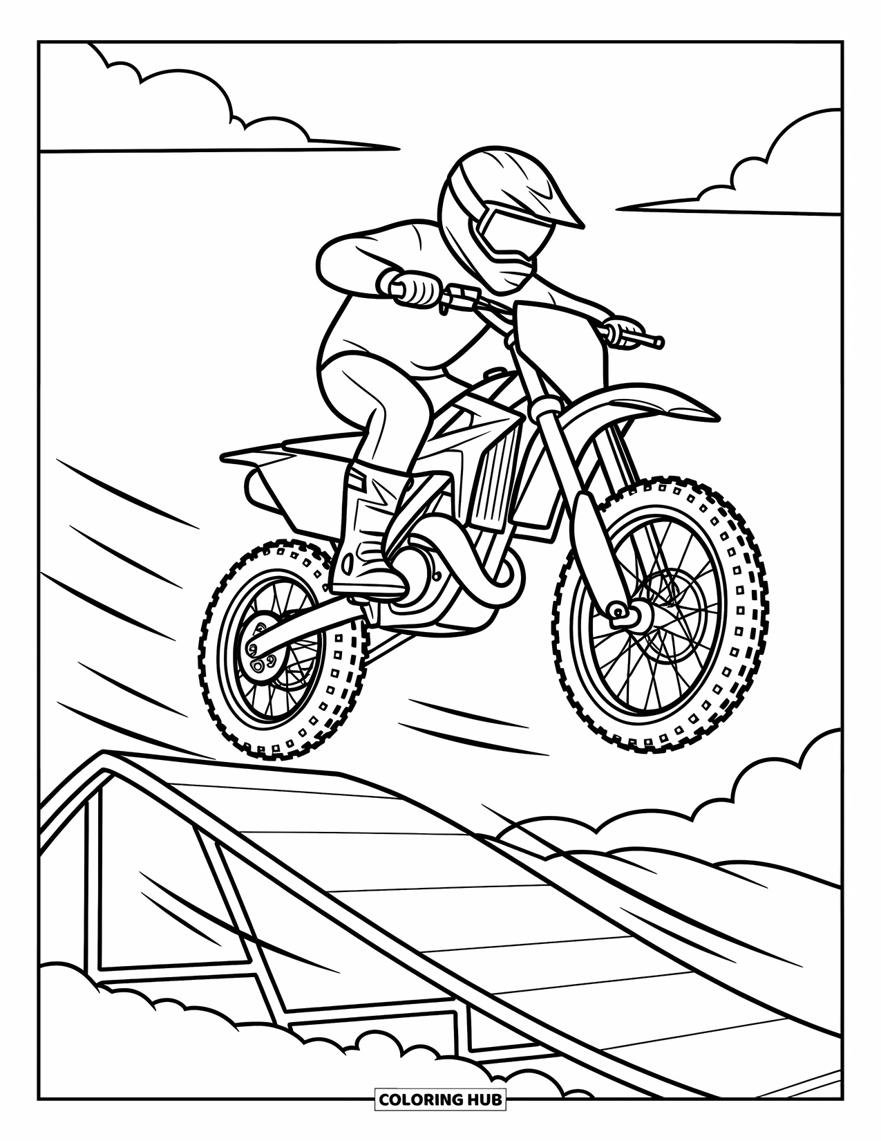 Desenho de Moto para Colorir para Crianças: Uma moto de cross voa pelo ar com rodas girando e nuvens flutuando atrás