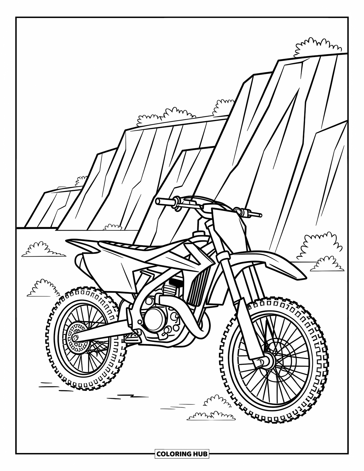 Desenho de Moto para Colorir para Crianças: Uma moto de cross está perto de penhascos acidentados com arbustos adicionando vida à cena