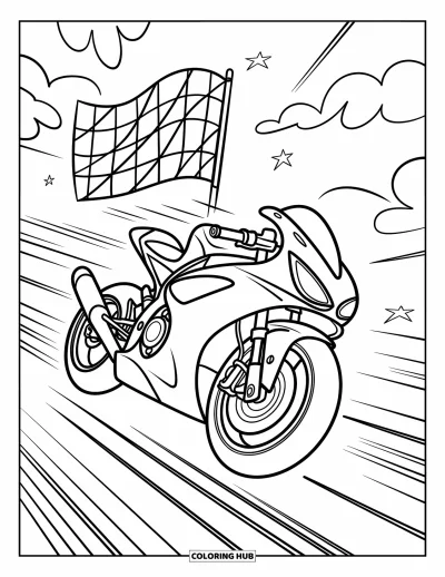 Desenho de moto para colorir para crianças: Uma motocicleta veloz corre para a frente com uma bandeira quadriculada erguida com orgulho
