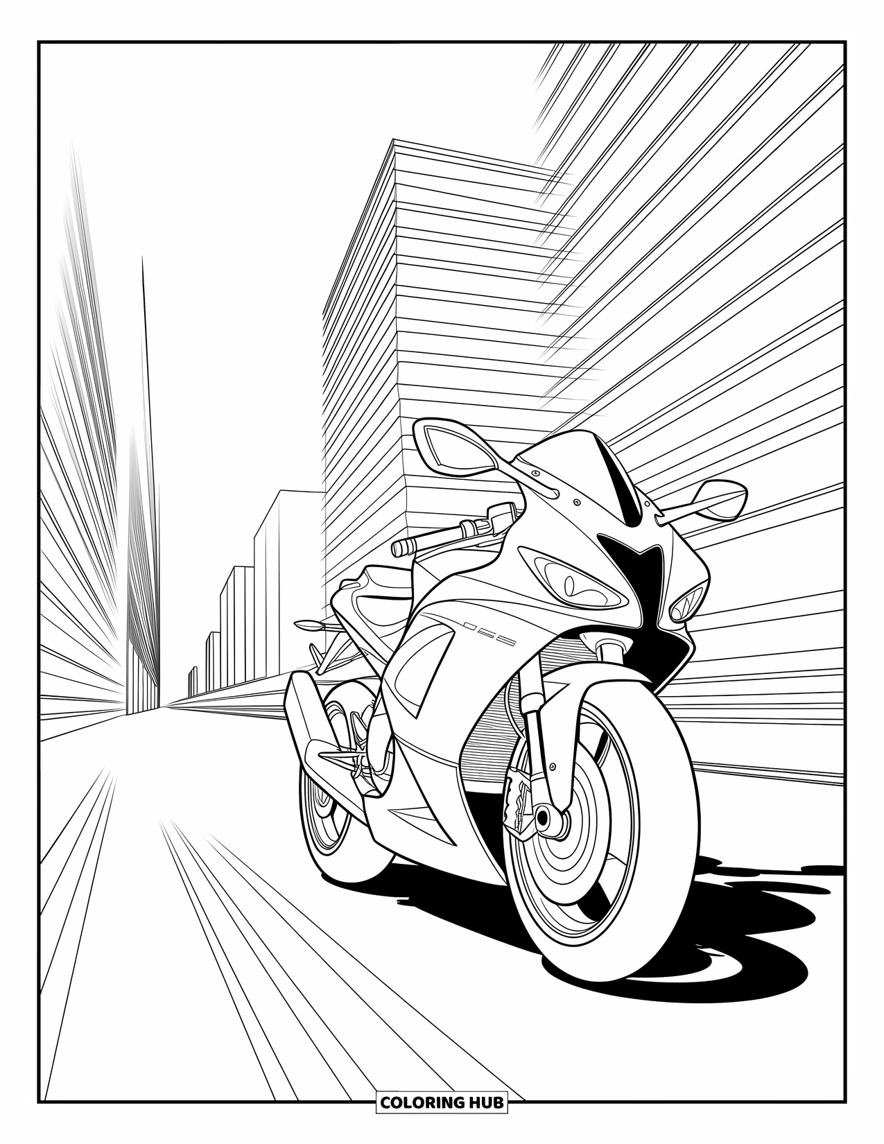Desenho de Moto para Colorir para Crianças: Uma moto rápida corre pela cidade com edifícios borrados ao redor