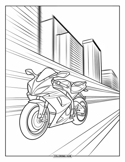 Desenho de moto para colorir para crianças: Uma motocicleta rápida correndo diante de prédios altos da cidade