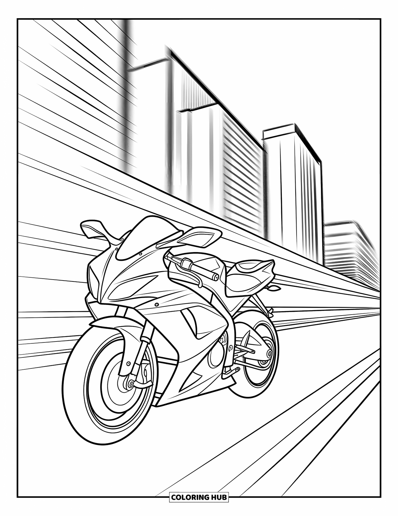 Desenho de Moto para Colorir para Crianças: Uma moto rápida correndo por prédios altos da cidade