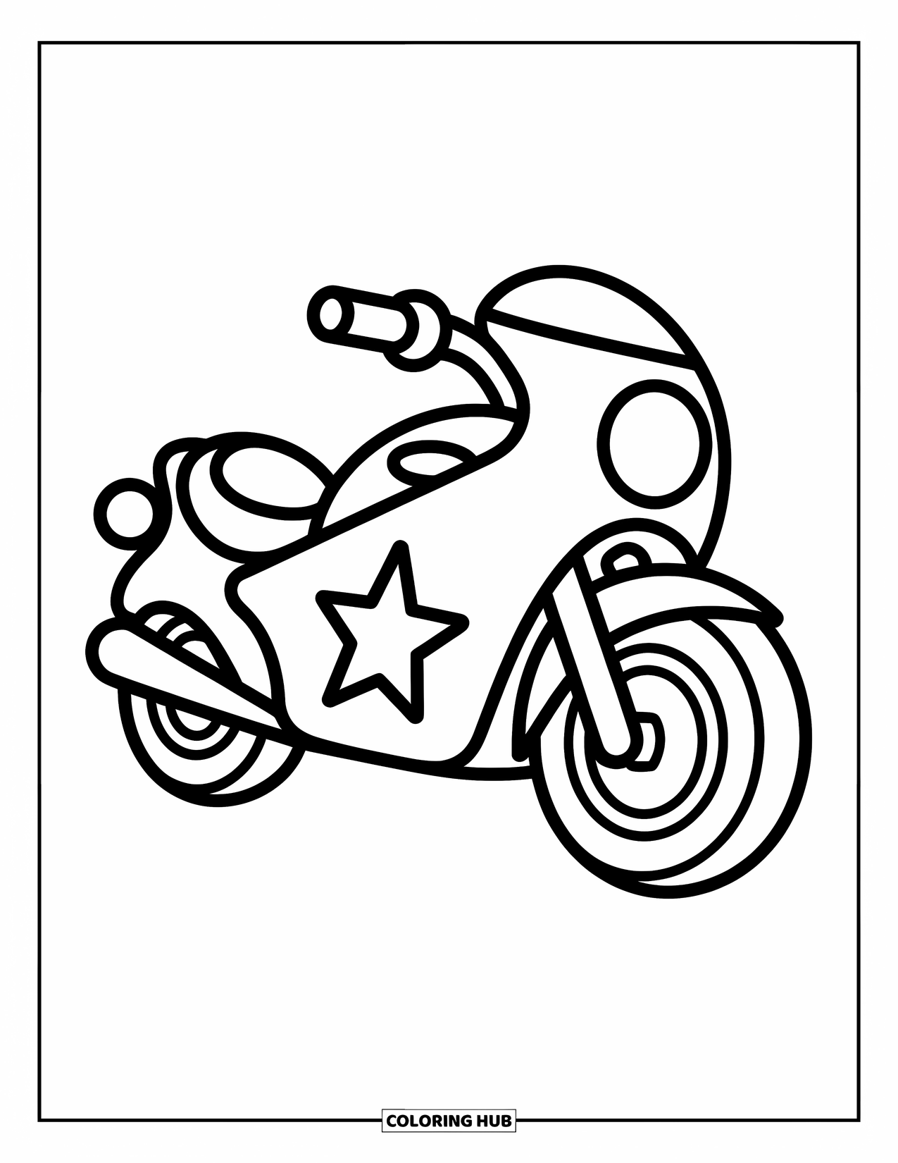 Desenho de Moto para Colorir para Crianças: Uma moto divertida com uma estrela em seu corpo está cercada por pequenas nuvens e estrelas