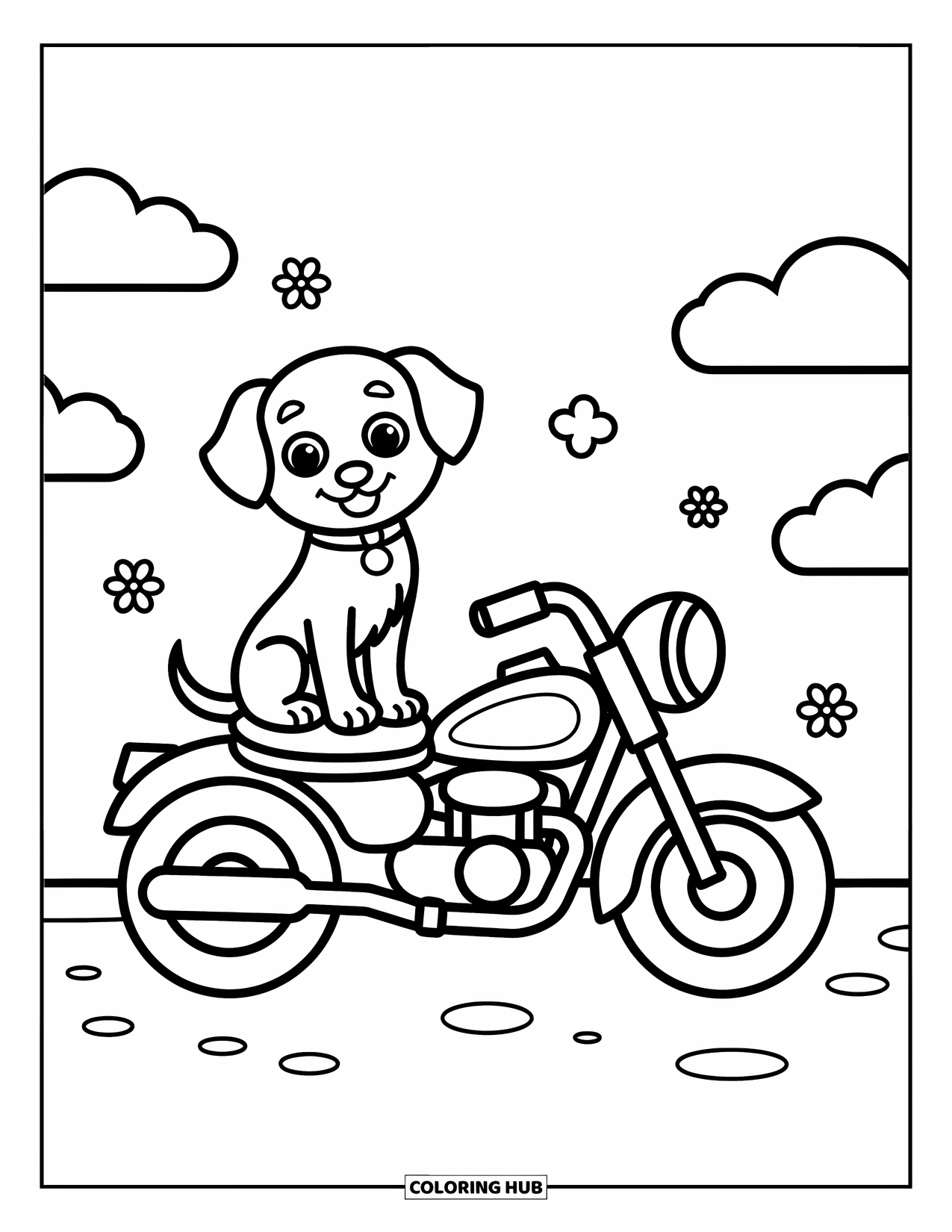 Desenho de Moto para Colorir para Crianças: Uma moto feliz com um filhote descansando no assento