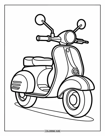 Desenho de moto para colorir para crianças: Uma ilustração em estilo de desenho para colorir em preto e branco, com uma motocicleta estilo scooter de pneus grandes e linhas curvas largas, em um fundo branco limpo
