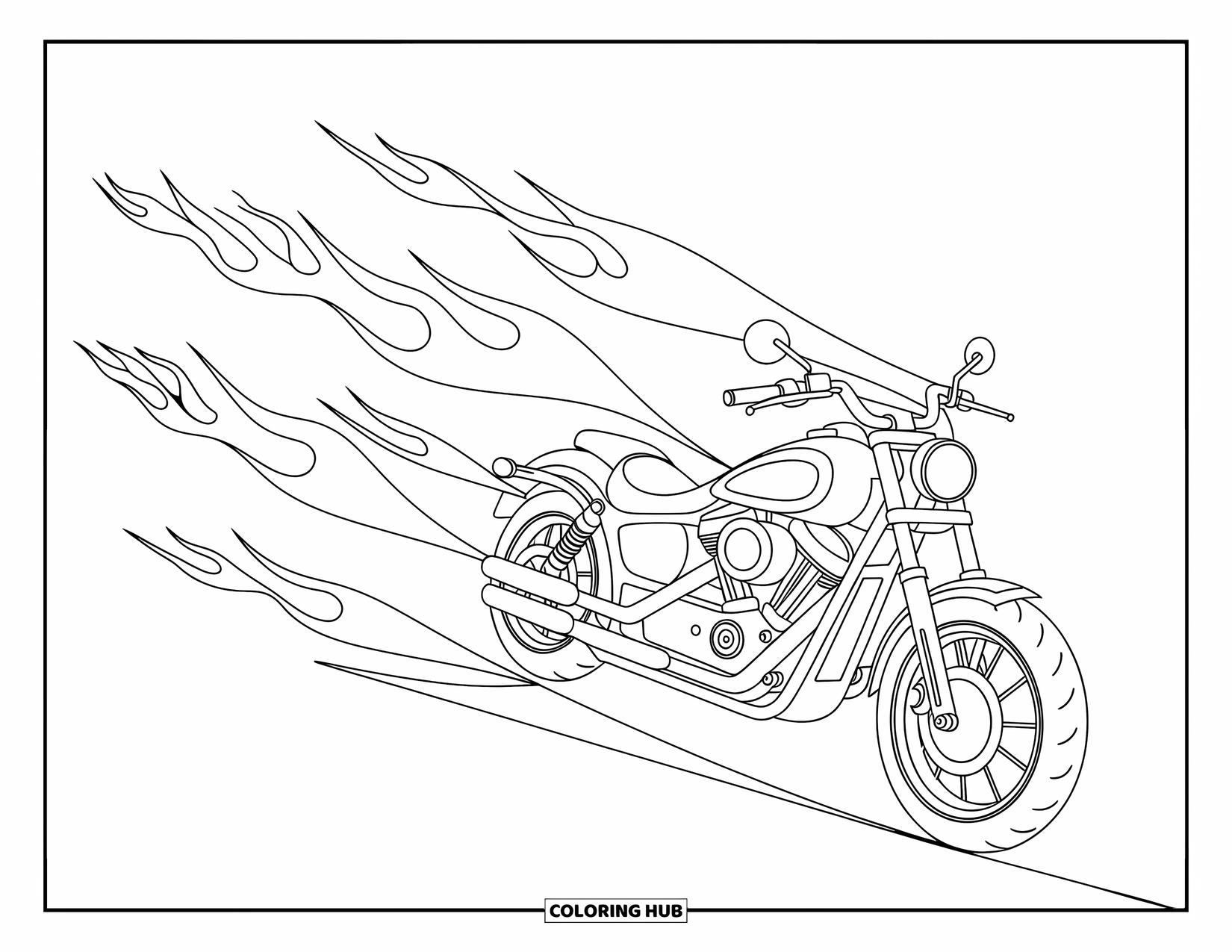 Desenho de Moto para Colorir para Crianças: Uma moto low-rider desliza com rastros de chamas ousadas girando atrás dela