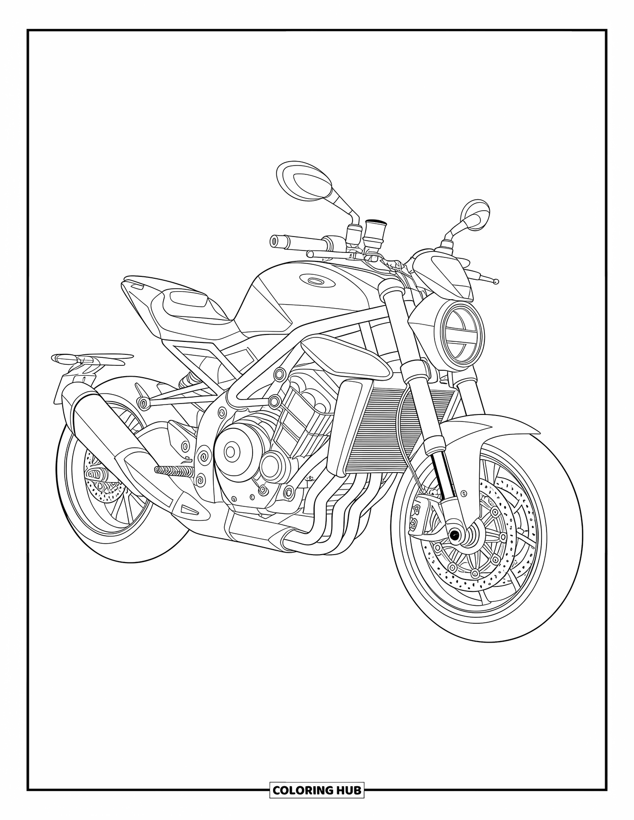 Desenho de Moto para Colorir para Crianças: Uma moto moderna mostrando engrenagens e tubos com linhas suaves e fluidas