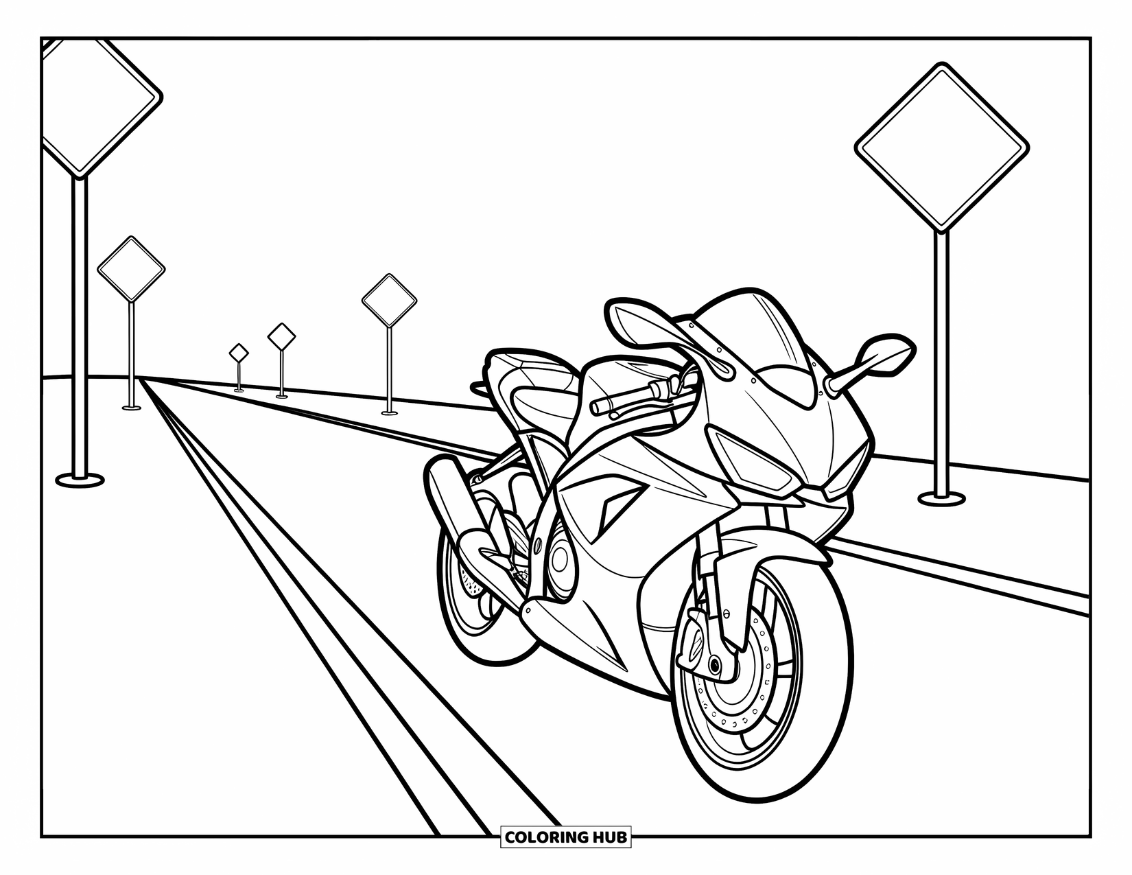 Desenho de Moto para Colorir para Crianças: Uma moto desliza por uma rodovia, passando por placas de trânsito e curvas suaves