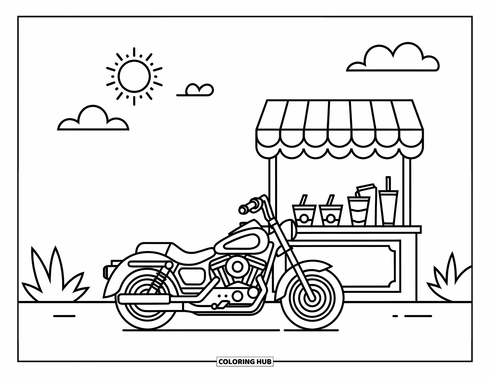 Desenho de Moto para Colorir para Crianças: Uma moto está estacionada ao lado de uma barraca de limonada com nuvens divertidas e um sol brilhante