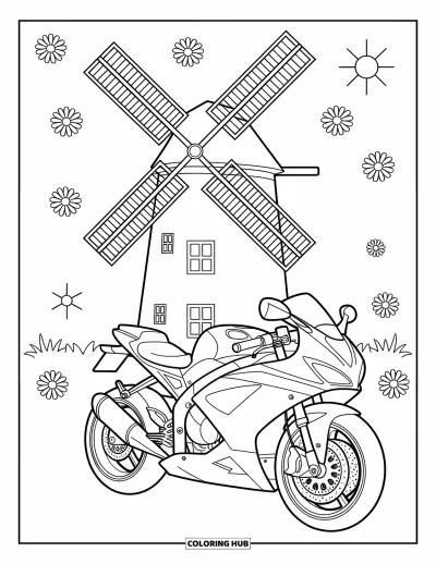 Desenho de moto para colorir para crianças: Uma motocicleta está estacionada ao lado de um moinho de vento com margaridas e raios de sol ao redor