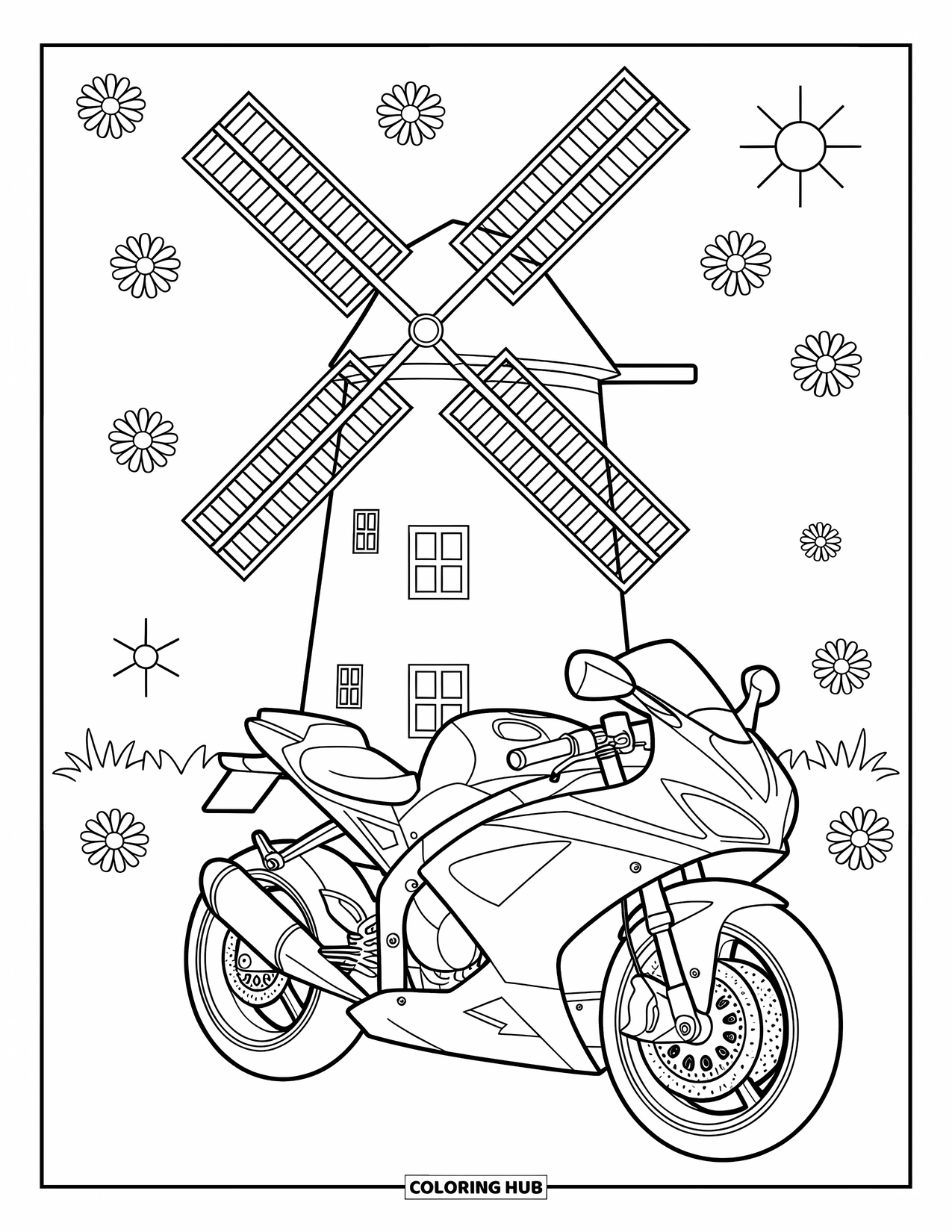 Desenho de moto para colorir para crianças: Uma moto está estacionada ao lado de um moinho de vento com margaridas e raios de sol ao redor
