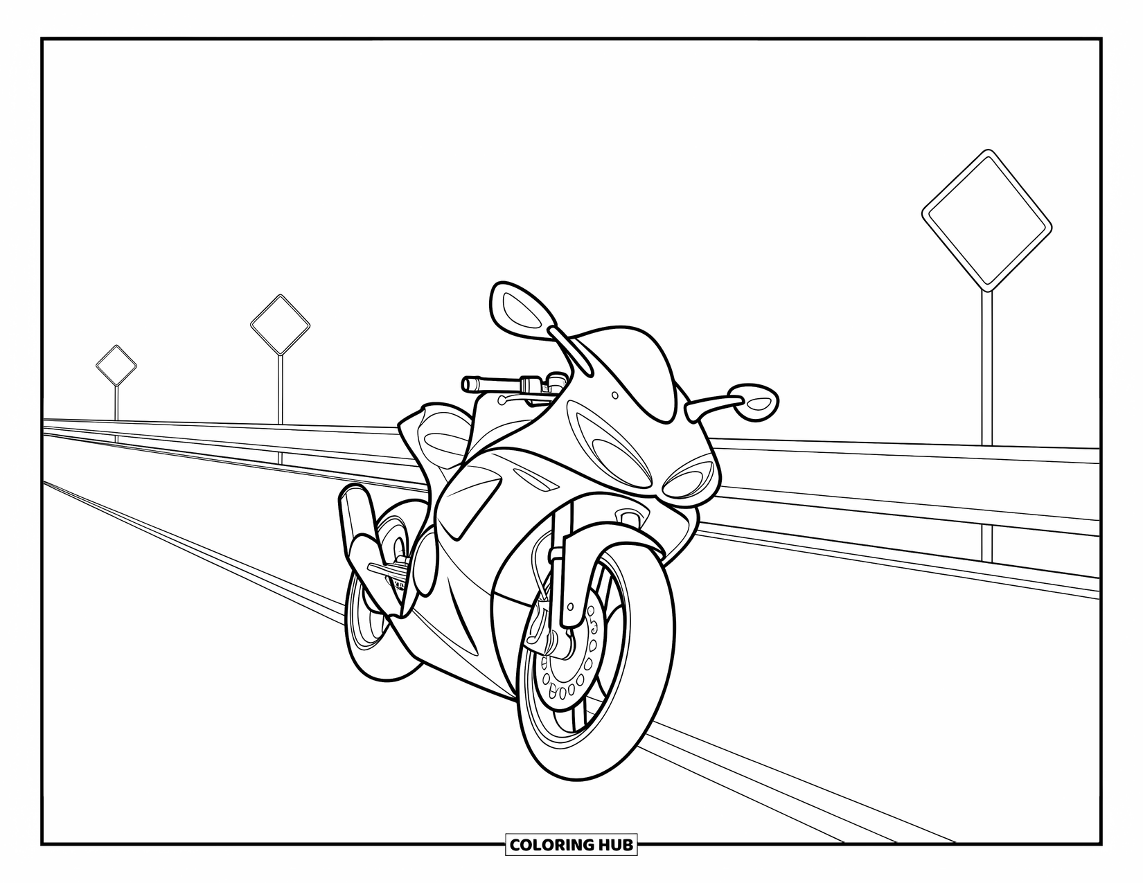 Desenho de Moto para Colorir para Crianças: Uma moto se move ao longo de uma rodovia reta com placas alinhando a beira da estrada