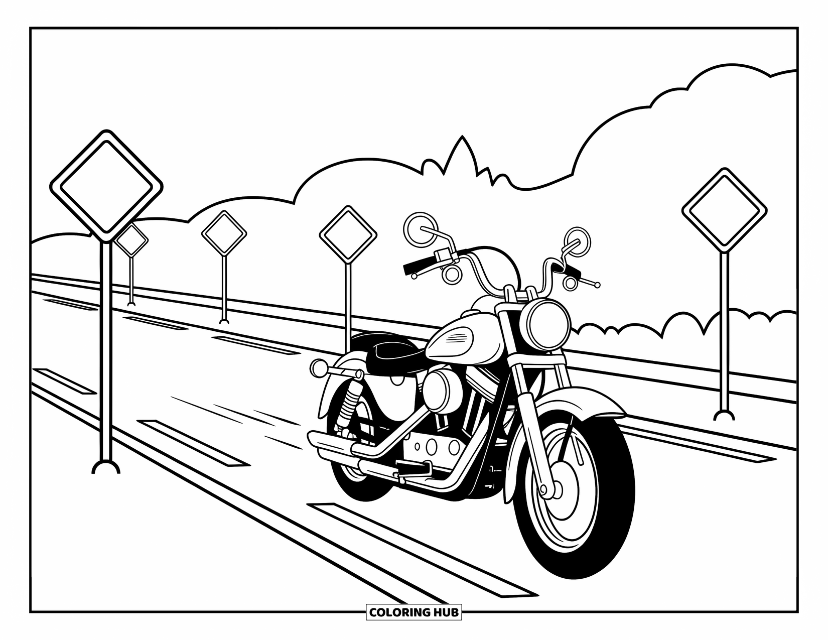 Desenho de Moto para Colorir para Crianças: Uma moto corre por uma rodovia com linhas curvas e árvores distantes