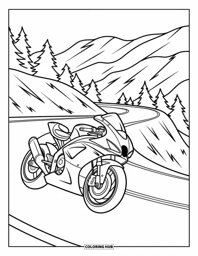 Desenho de moto para colorir para crianças: Uma motocicleta corre em uma estrada sinuosa cercada por colinas e árvores altas