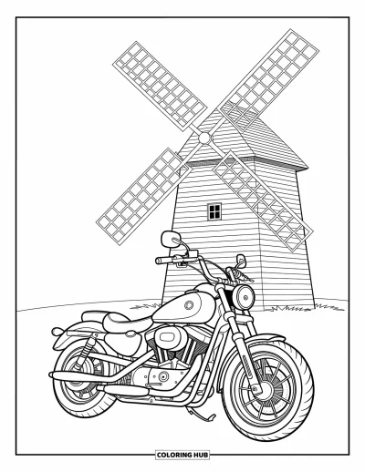 Desenho de moto para colorir para crianças: Uma motocicleta está perto de um moinho de vento com pás de madeira girando suavemente